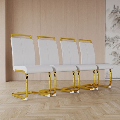 CENGHU Modern Dining Chairs Set of 4, Upholstered PU Faux Leather Side Chair with C-shaped Tube Plating Golden Metal Legs, Guest Office Chair, White
