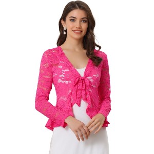 INSPIRE CHIC Women's Tie Front Ruffled Hem Floral Lace Sheer Crop Bolero Shrug - 1 of 4