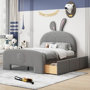 NicBex Twin/Full Velvet Upholstered Bed Frame with Rabbit-Shaped Headboard,Platform Bed Frame with 3 Drawers,Bed-End Storage Pocket,Easy Assembly - 1 of 4