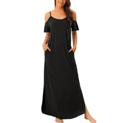 Cheibear Women's Summer Cold Shoulder With Pockets Casual Maxi Lounge  Outfits Dress Black Medium : Target