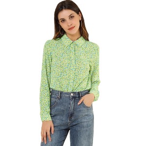 Allegra K Women's Point Collar Long Button Sleeve Button Down Floral Shirt - 1 of 4