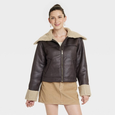 Women s Faux Leather Shearling Jacket Universal Thread Brown Target