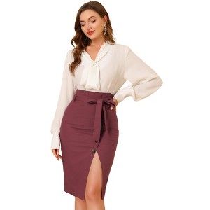 Allegra K Women's Vintage Button Decor Belted Split Front Knee Length Pencil Skirt - 1 of 4