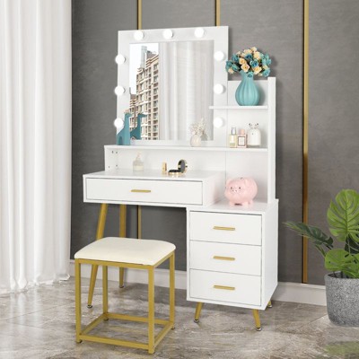 Karl Home | White Makeup Vanity Set With 9 LED Bulbs, Cushioned Stool, 3 Storage Shelves And 4 Drawers