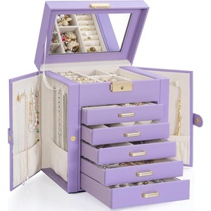 Leather Jewelry Box with Mirror & Lock, 3-Tier Organizer with 2 Drawers for Necklaces & Bracelets - 1 of 4