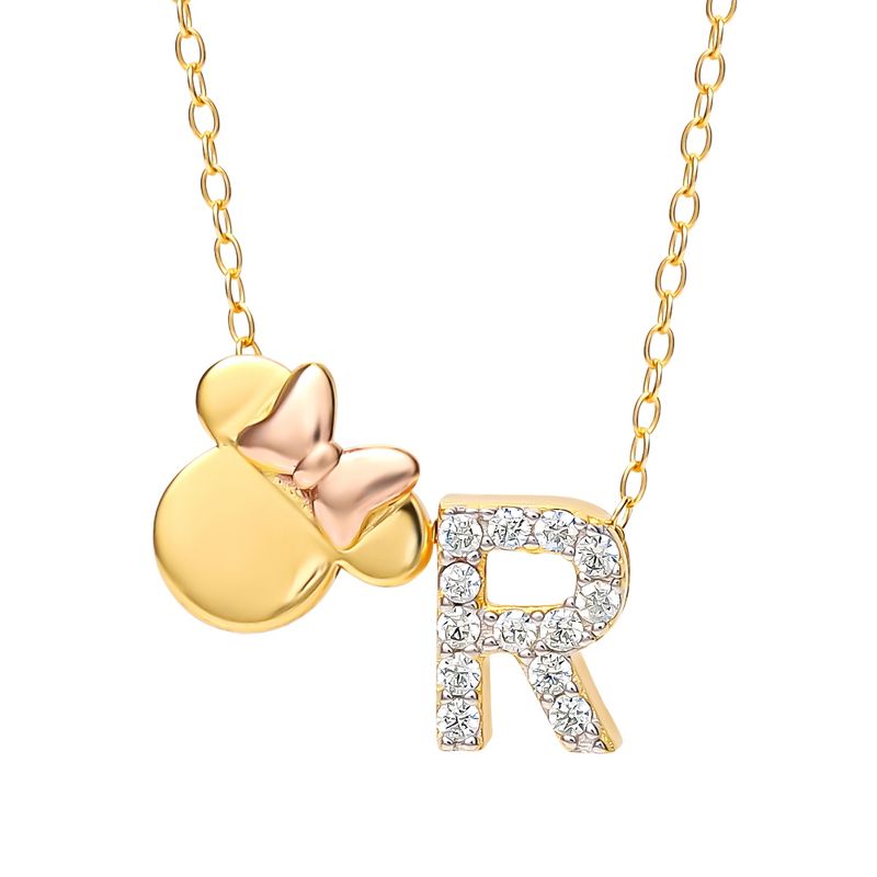 Disney Minnie Mouse Sterling Silver Gold Plated Cubic Zirconia Initial Pendant Necklace, 18", 1 of 6