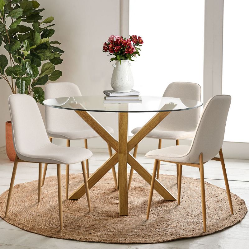 Olive+Oslo Round Glass Dining Table With Chairs,5-Piece Round Clear Glass with 4 Upholstered Dining Chairs,Oak Dining Table And Chairs-Maison Boucle, 3 of 11