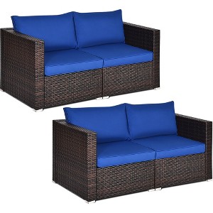 Costway 4PCS Patio Rattan Corner Sofa Sectional Furniture Set Navy Cushion - 1 of 4