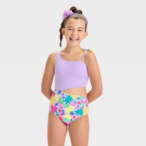 Cat & Jack Girls' Tropical Smoothie Fruit Printed One Piece Swimsuit - Cat & Jack™ L: Sleeveless, UPF 50+, One Shoulder, Machine Washable