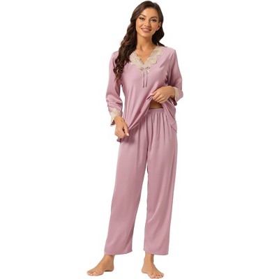 Allegra K Women’s Soft V Neck 3/4 Sleeves Lace Insert Two-Piece Pajama Sets