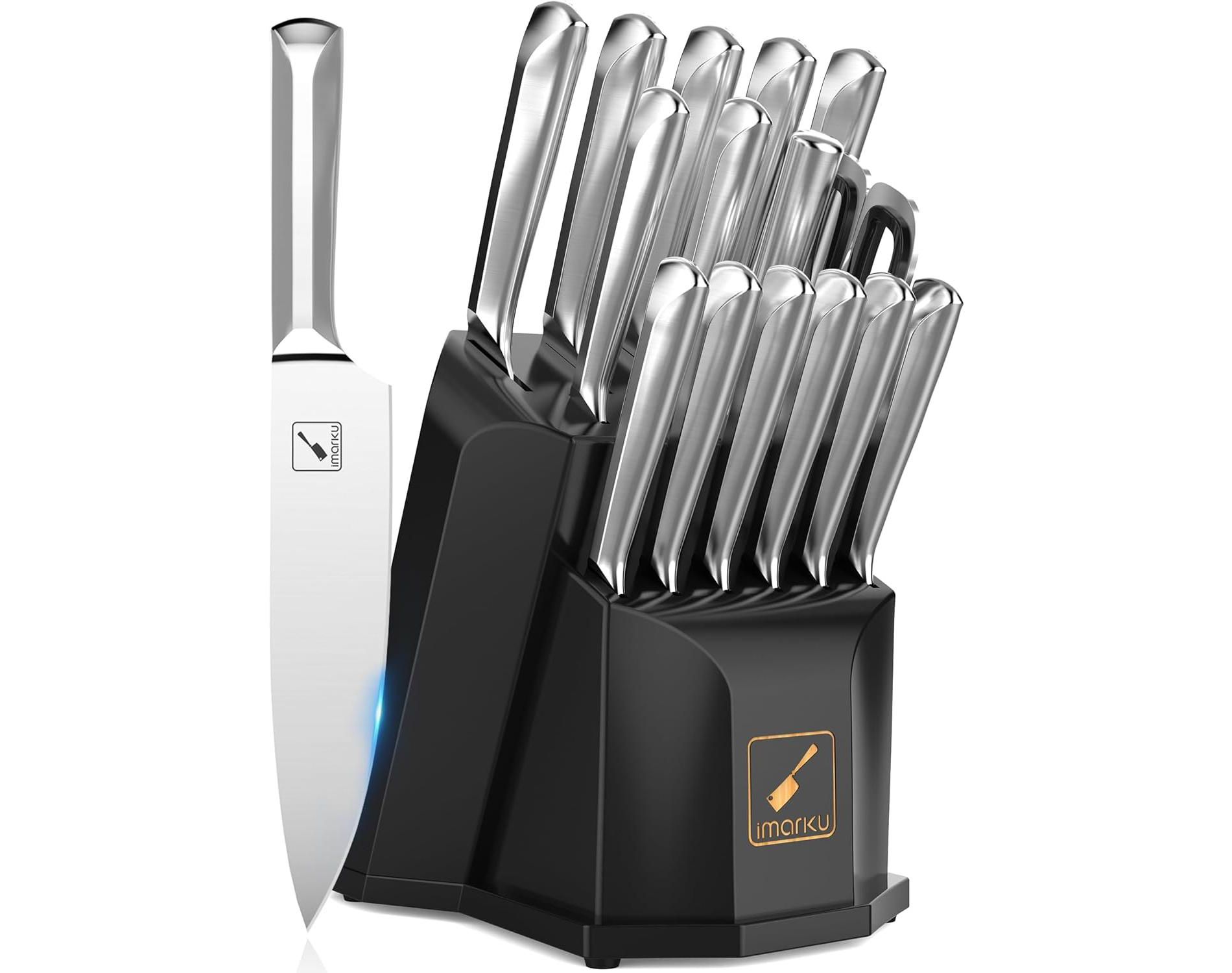 imarku 16Pcs Kitchen Knife Set with Sharpening, High Carbon Stainless Steel Knives Set for Kitchen with Ergonomic Non-Slip Handle, Dishwasher Safe
