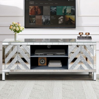 Modern Mirrored Silver TV Stand for 65" TVs, Media Console with Doors, Entertainment Cabinet for Living Room-The Pop Home