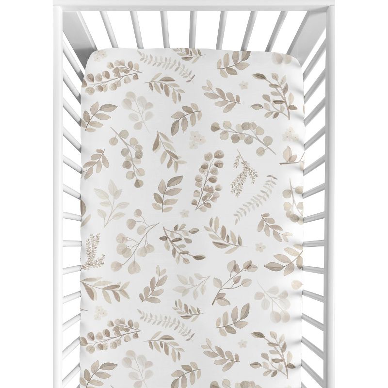 Sweet Jojo Designs Gender Neutral Baby Fitted Crib Sheet Botanical Leaf Linen Collection Ivory and Taupe, 1 of 8