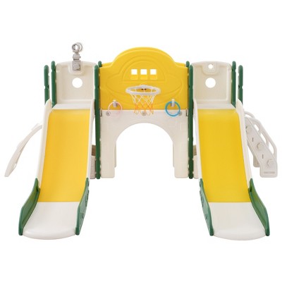 Infurnic Baby Activity Gyms, Slide Set with Arch Tunnel and Ring Toss, Double Slides for Kids Climbers Playground, Multicolored, 80"*76"*37.8"