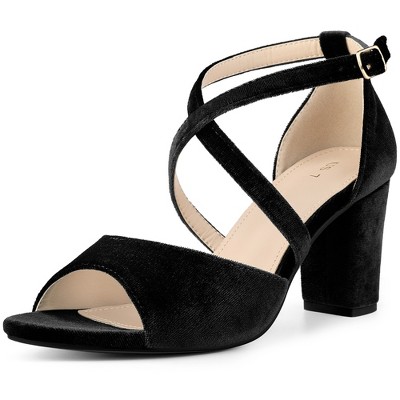 Perphy Women's Criss Cross Strap Faux Velvet Open Toe Block Heel Sandals