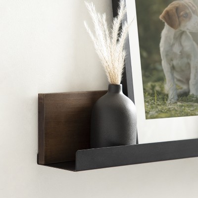 Walnut Brown and Black Wood Floating Wall Shelf with Lip, 30x4