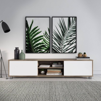 Modern Hollywood 76" White & Brown Wood Grain TV Stand with Storage