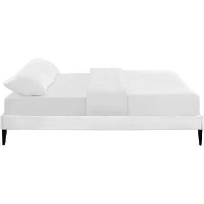 Sleek White Queen Platform Bed with Faux Leather Upholstery