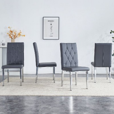 CAVINAS Set of 4 Modern Black PU Dining Chairs with Grid Quilting and Silver Metal Legs, Armless Dining Chairs for Kitchen, Dining Room