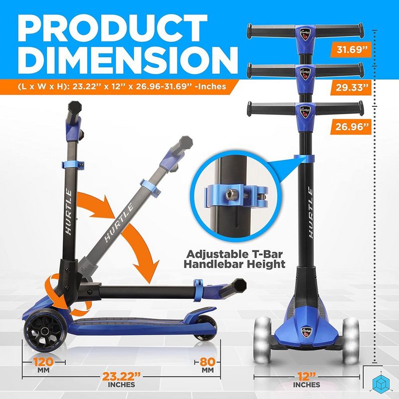 Hurtle 3 Wheeled Scooter for Kids - Foldable Stand Child Toddlers Toy Kick Scooters, Blue, 2 of 10