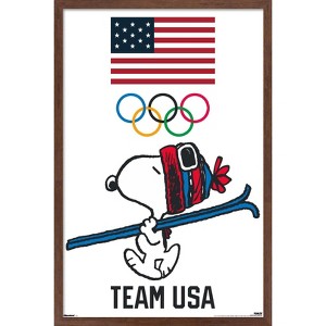 Trends International Team USA x Peanuts – Snoopy Winter Ski Jump Framed Wall Poster Prints Mahogany Framed Version 14.725" x 22.375" - 1 of 4
