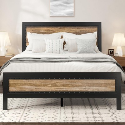 Allewie Heavy-Duty Platform Metal Bed Frame with Headboard, Unique Strip and Rivet Decoration