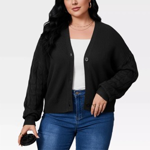 Womens Plus Size Cardigan Long Sleeve Cable Knit Sweater Front Button Down Rib Knitted Sweaters Above Hip Knit Shrugs Fall Cardigans - 1 of 4