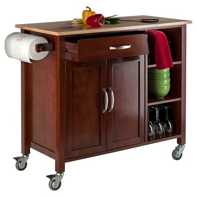 Mabel Walnut and Natural Wood Kitchen Cart with Storage