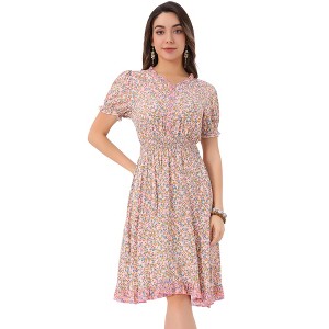Allegra K Women's Floral Ruffle Neck Smocked Waist Short Sleeve Sundress - 1 of 4