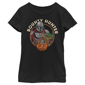 Girl's Star Wars: The Mandalorian Halloween Din Djarin Grogu Bounty Hunter Candy Distressed T-Shirt - 1 of 4