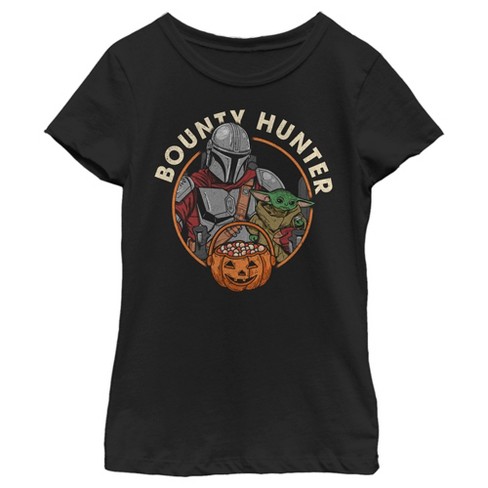 Girl's Star Wars: The Mandalorian Halloween Din Djarin Grogu Bounty Hunter Candy Distressed T-Shirt - image 1 of 4