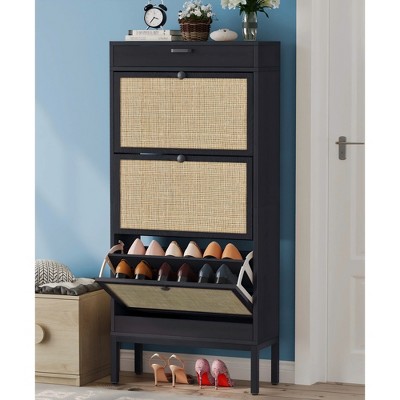 Brafab Freestanding Shoe Cabinet with 3 Flip Drawers Natural Rattan Shoe Storage Organizer Slim Shoe Storage for home