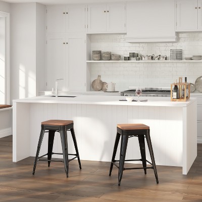 24" Black Metal and Wood Backless Counter Stool