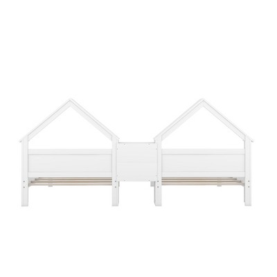 APRILSOUL Double Twin Size Platform Bed with House-shaped Headboard and a Built-in Nightstand