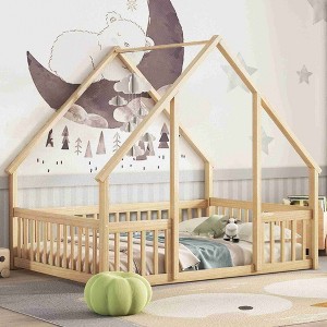 CAVINAS Full Size Wood House-Shaped Montessori Bed,Modern Floor Bed with Safety Guardrails,Toddler Bed for Bedroom - 1 of 4