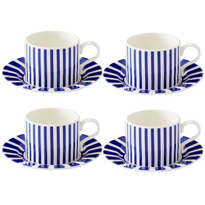 Spode Steccato 9oz Earthenware Teacup & Saucer, Set of 4 - Ornamental Glazed Drinkware with Cobalt Blue Bands & Decorative Design