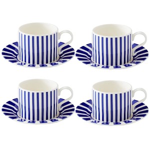 Spode Steccato 9oz Earthenware Teacup & Saucer, Set of 4 - Ornamental Glazed Drinkware with Cobalt Blue Bands & Decorative Design - 1 of 4