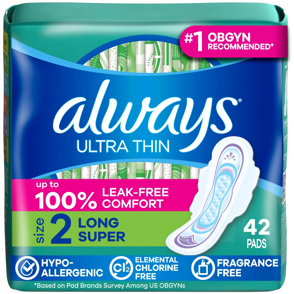 Always Long Absorbency Unscented Ultra Thin Pads with Wings - Size 2 - 42ct