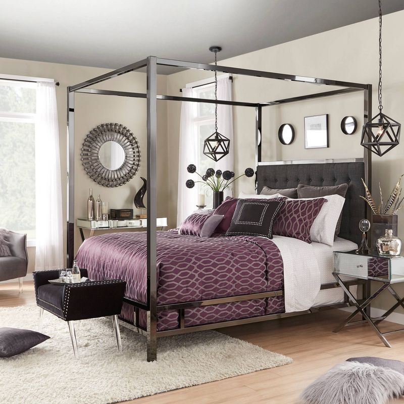 Queen Manhattan Black Nickel Canopy Bed with Biscuit Tufted Headboard Charcoal - Inspire Q, 2 of 4