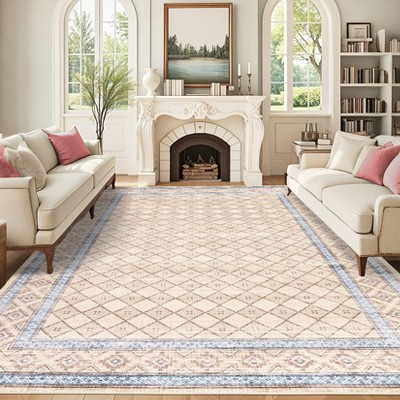 Washable Area Rugs Modern Bordered Floor Cover, Non-Slip Geometric Accent Carpet, Stain-Resistant Low Pile Indoor Mat