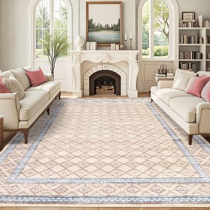 Washable Area Rugs Modern Bordered Floor Cover, Non-Slip Geometric Accent Carpet, Stain-Resistant Low Pile Indoor Mat - 1 of 4