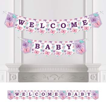 Big Dot of Happiness Beautiful Butterfly - Floral Baby Shower Bunting Banner - Party Decorations - Welcome Baby