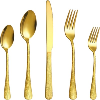 BRINJOY 40-Piece Hammered Gold Flatware Set - 8-Person Stainless Steel Cutlery Set, Dishwasher Safe with Mirror Polish
