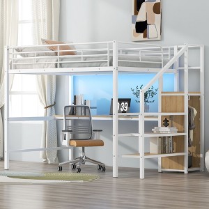 CAVINAS Full Size Bunk Bed with Desk Modern Metal Bed Frame with Wardrobe, Guardrail and Storage Stairs, White - 1 of 4