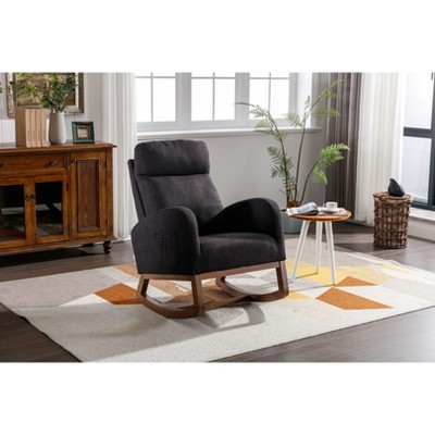 Okak Modern Rocking Accent Chair Armchair with Side Pocket and Wood Legs Comfy High Backrest Glider Chair for Bedroom Lounge Nursery, Black
