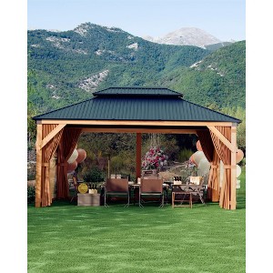 12'x16' Wood Gazebo for All Weather, Gazebo with Double Metal Roof, Heavy Duty Wooden Frame, Net, and Curtain - 1 of 4