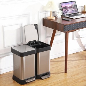 2x6.6 Gal (2x25L) Trash Can, Stainless Steel 2 Compartments Trash Can with Recycling Bin, Soft-Close Lid, Step-on Garbage Bin (No Inner Buckets) - 1 of 4