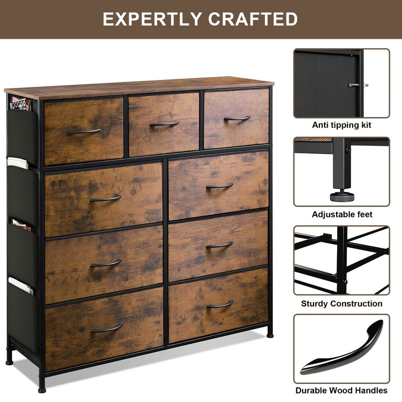 SKONYON 9 Drawer Dresser Furniture Storage Chest Dresser with Side Pockets and Hooks, for Bedroom, Closet, Entryway Use, 5 of 8