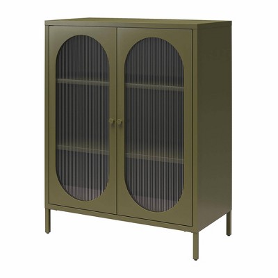 Olive Green Metal Accent Cabinet with Fluted Glass Doors