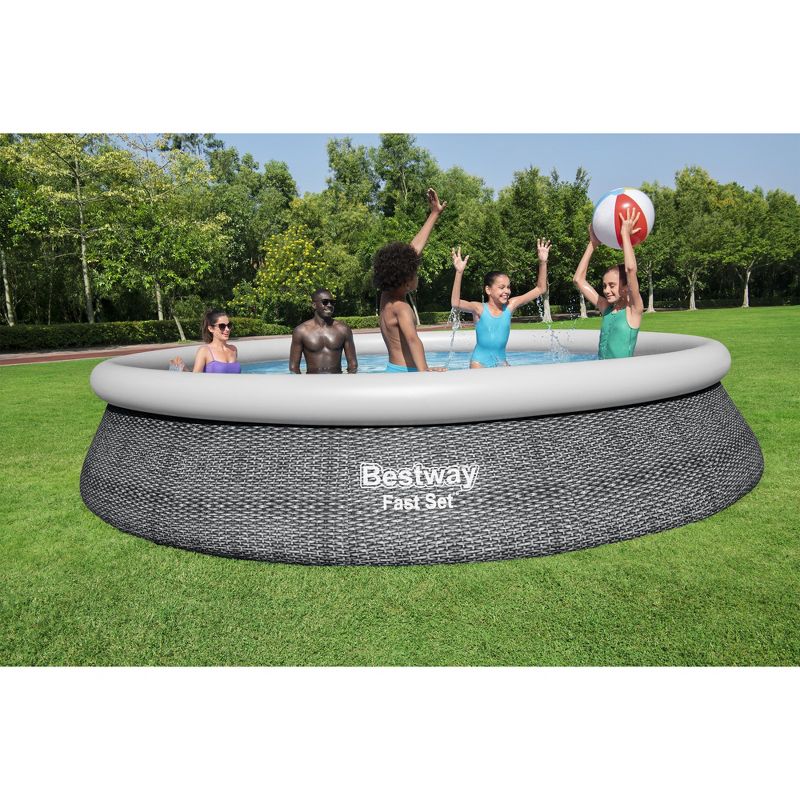 Bestway Fast Set 15' x 33" Round Inflatable Outdoor Above Ground Swimming Pool Set with 530 Gallon Filter Pump and Repair Patch, Gray Rattan, 5 of 9